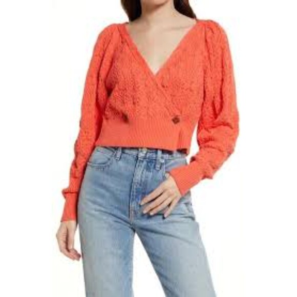Free People Olive You Cardigan XS Coral Pink | Wrap Surplice Knit NWT No Tags - Picture 2 of 9